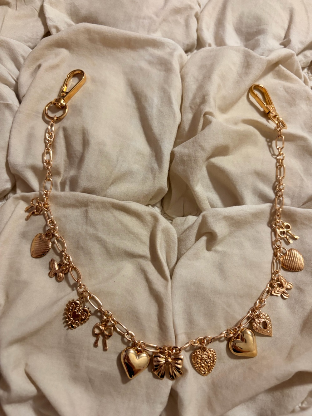 Free People Gold Tone Coquette Heart Bow Multi-Charm Bag Chain Strap